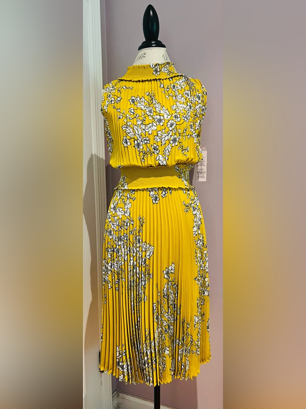 Nanette Lepore Yellow Floral Pleated Maxi Dress - Smocked Waist